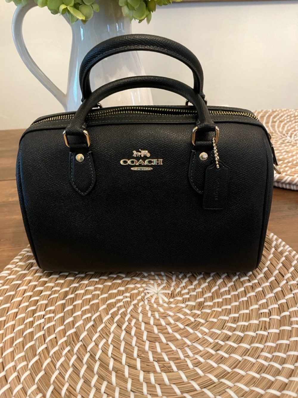 COACH Rowan Black Leather Dome Satchel with Gold Hardware